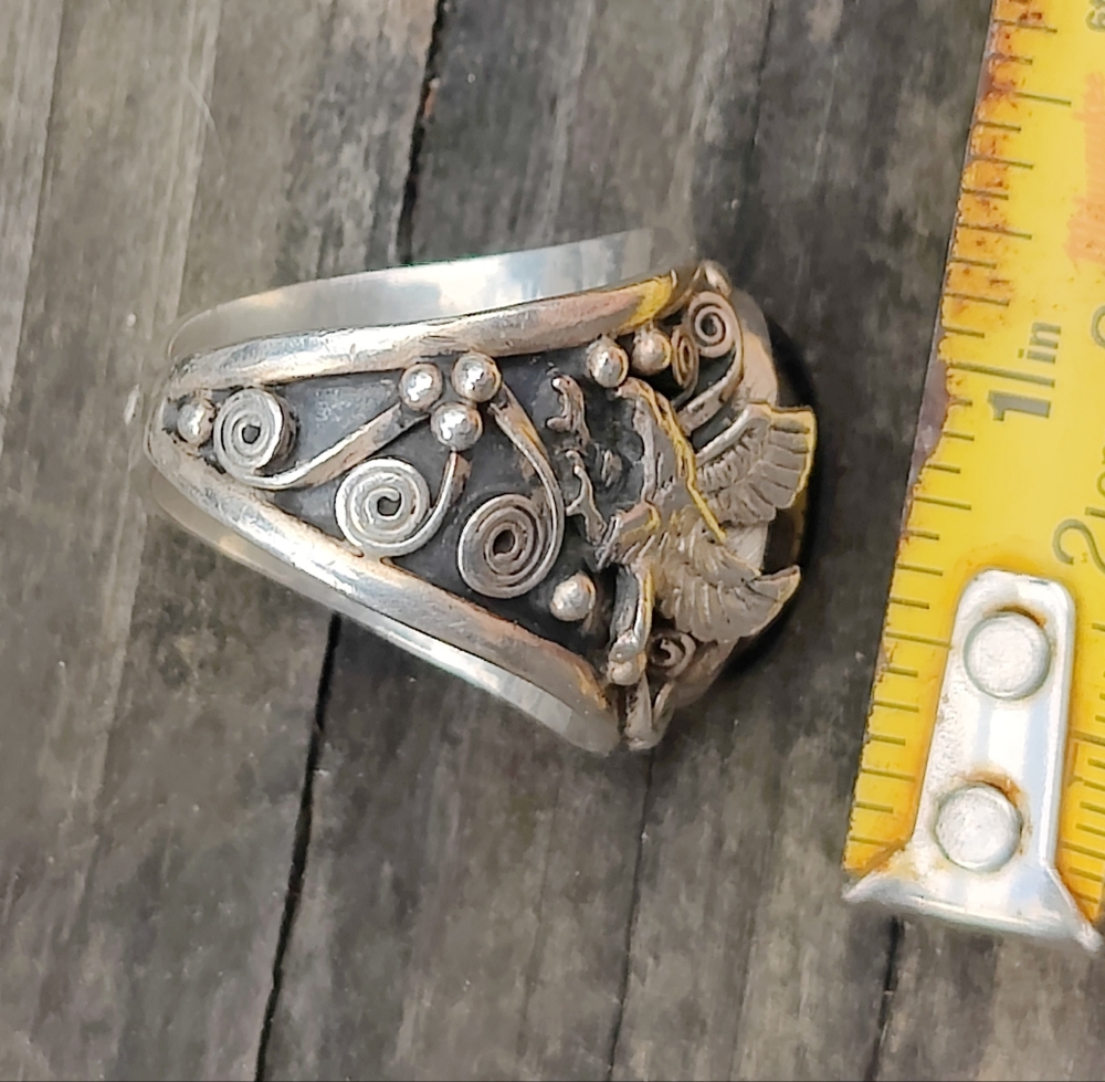 Massive Vintage Men's Sterling Silver Black Onyx Eagle Native American Ring - Picture 12 of 12